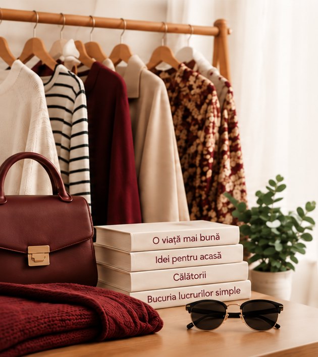 Haine second-hand pe un suport din lemn, geantă burgundy, textile, patru cărți, ochelari și verdeață